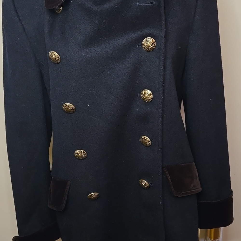 Vintage Black Wool Blend Double Breasted Jacket Gold Buttons Brown Velvet Trim M - Picture 4 of 10